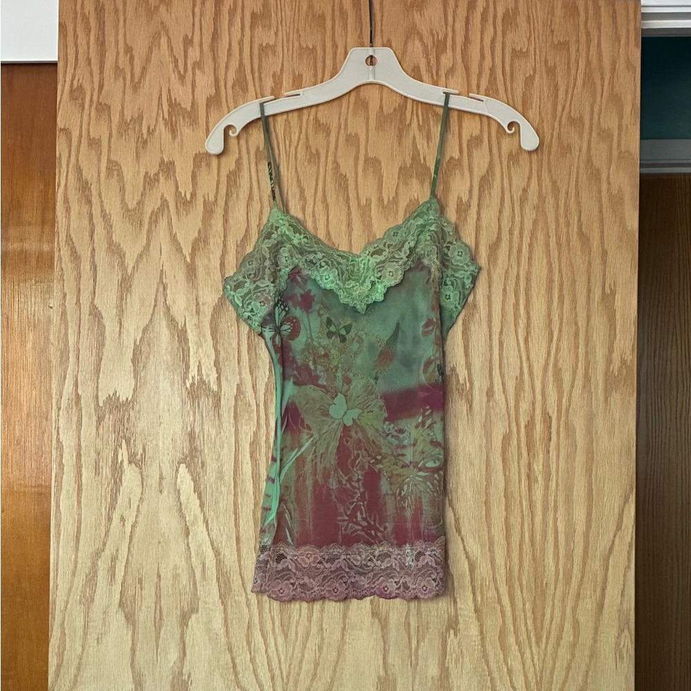 Le Lotus Bleu Lace Trim Floral Slip Tank Top